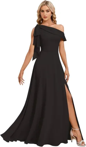 Bekvamlighet Bow One Shoulder Bridesmaid Dresses for Wedding Chiffon Long Formal Evening Gown with Slit Party Gown