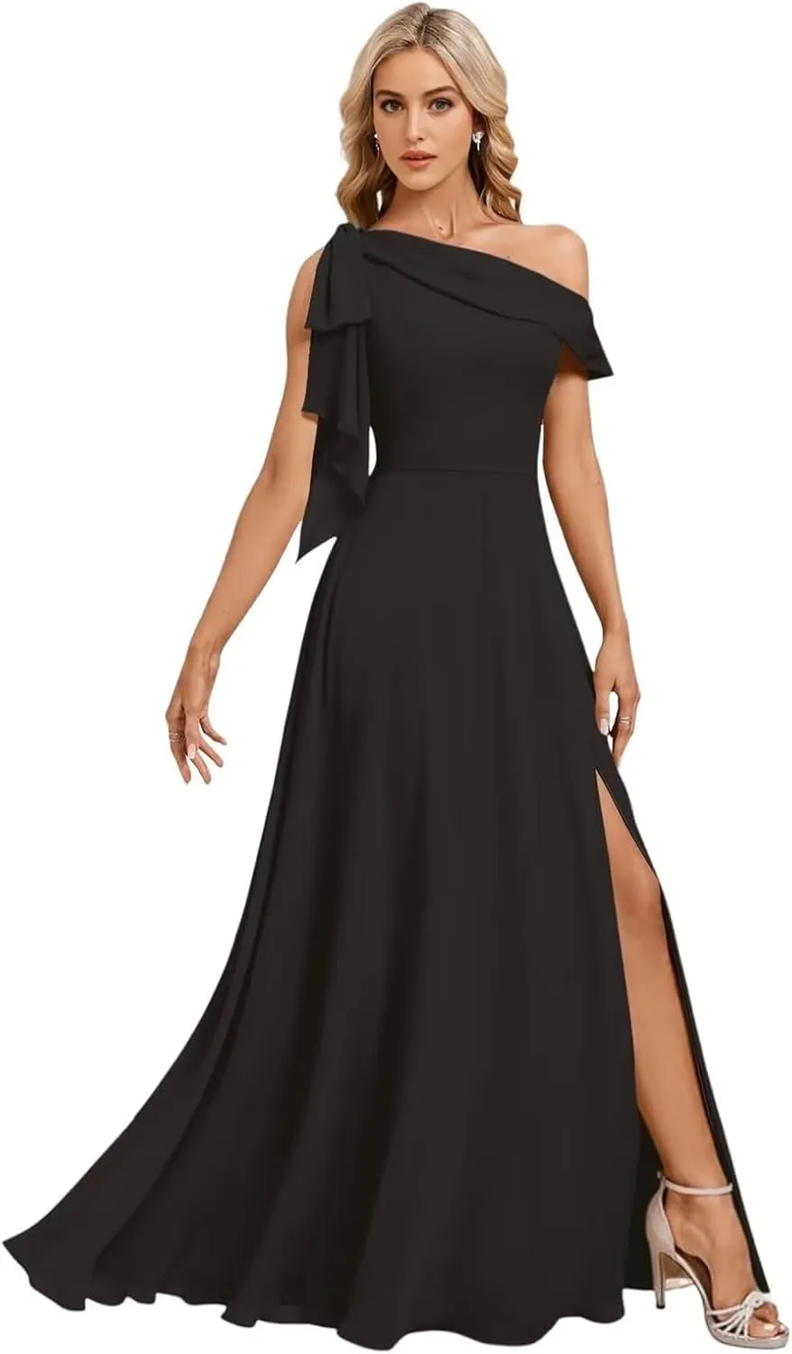 Bekvamlighet Bow One Shoulder Bridesmaid Dresses for Wedding Chiffon Long Formal Evening Gown with Slit Party Gown