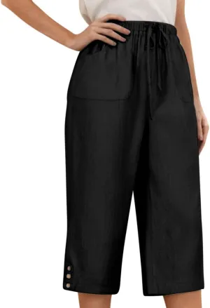 Below Knee Capris for Women Cotton Linen Cropped Pants Summer Casual Elastic High Waisted Harem Trousers with Pockets