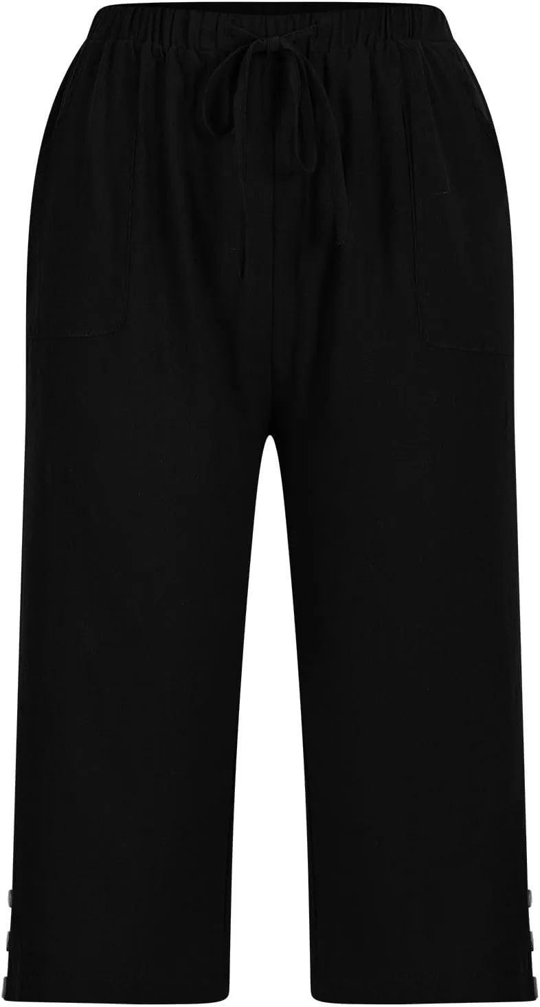Below Knee Capris for Women Cotton Linen Cropped Pants Summer Casual Elastic High Waisted Harem Trousers with Pockets