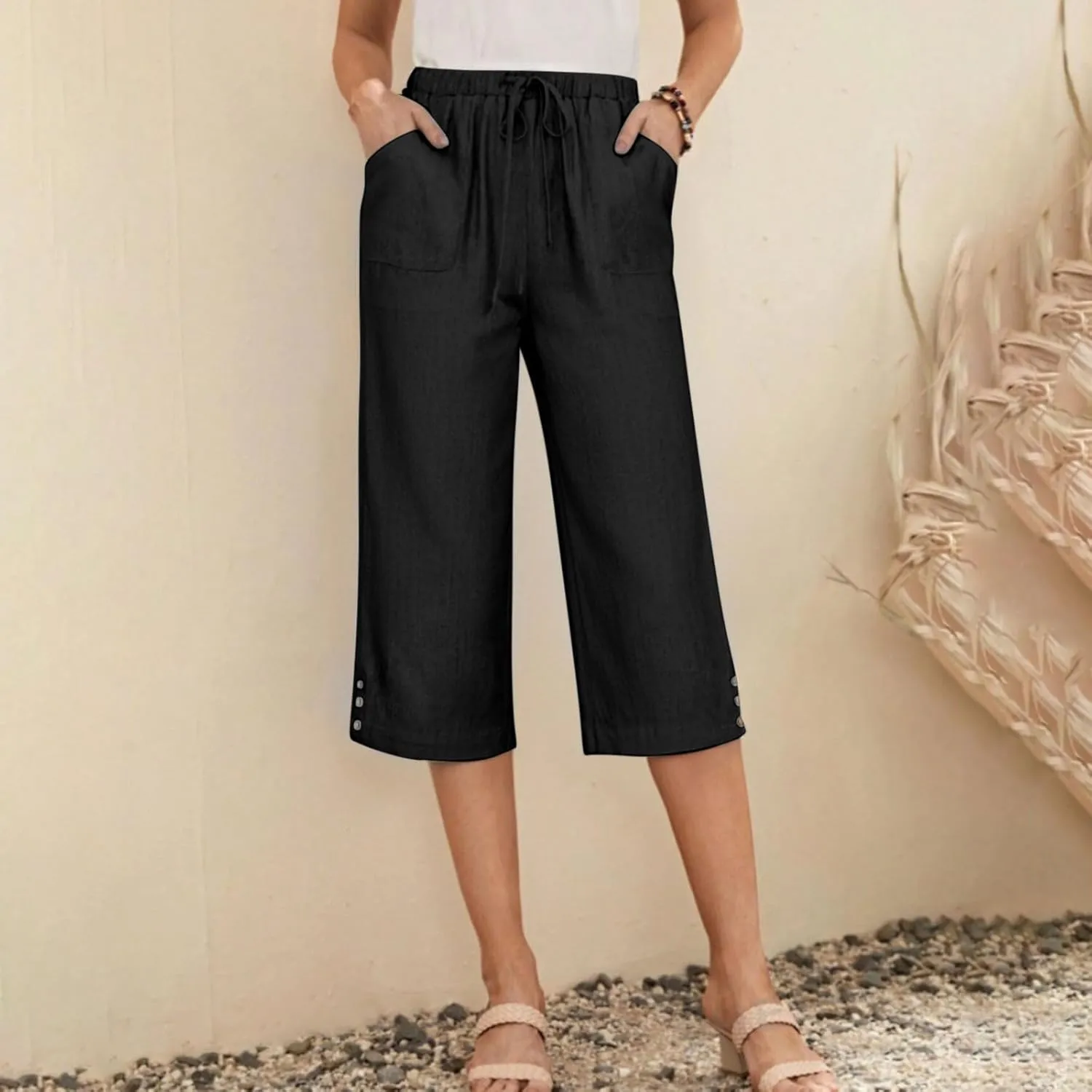 Below Knee Capris for Women Cotton Linen Cropped Pants Summer Casual Elastic High Waisted Harem Trousers with Pockets