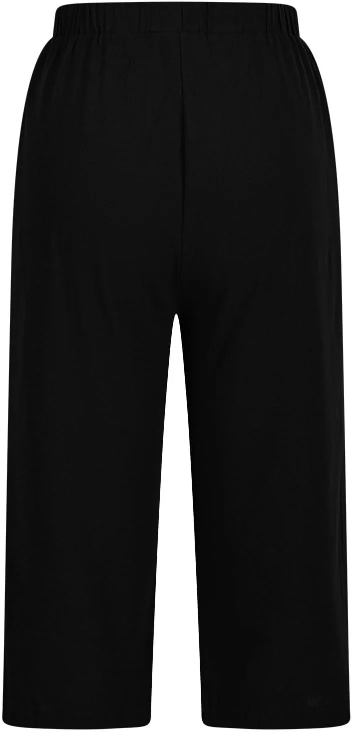 Below Knee Capris for Women Cotton Linen Cropped Pants Summer Casual Elastic High Waisted Harem Trousers with Pockets
