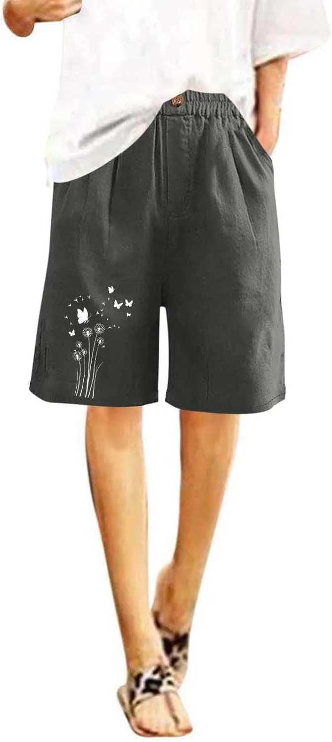 Bermuda Shorts for Women Elastic Waisted Knee Length Lounge Shorts Causal Dandelion Walking Short Pant with Pockets