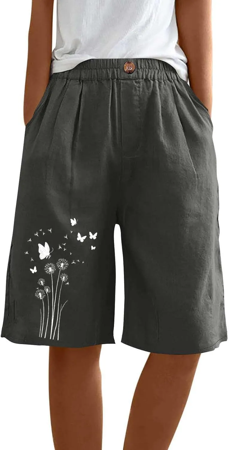 Bermuda Shorts for Women Elastic Waisted Knee Length Lounge Shorts Causal Dandelion Walking Short Pant with Pockets