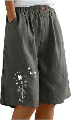 Bermuda Shorts for Women Elastic Waisted Knee Length Lounge Shorts Causal Dandelion Walking Short Pant with Pockets