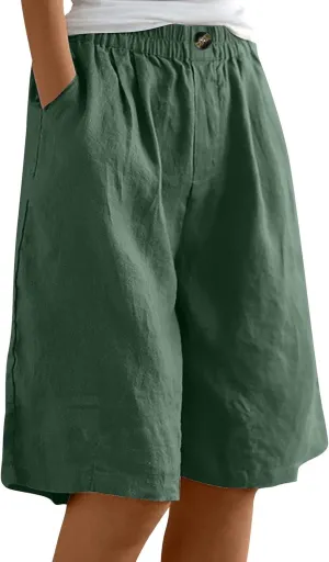 Bermuda Shorts for Women Knee Length Summer Beach Linen Shorts Lightweight Wide Leg High Waisted Long Short w/Pockets