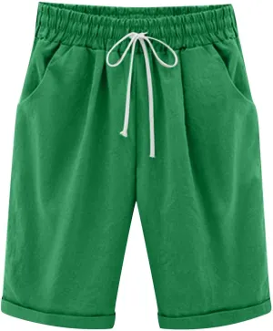 Bermuda Shorts for Women Summer Casual Linen Pants Knee Length Bermuda Short Elastic Waist Drawstring Pocket Capris