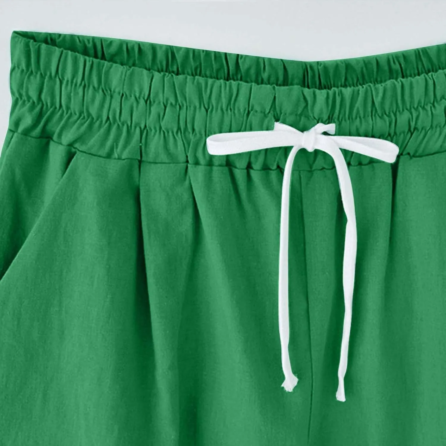 Bermuda Shorts for Women Summer Casual Linen Pants Knee Length Bermuda Short Elastic Waist Drawstring Pocket Capris