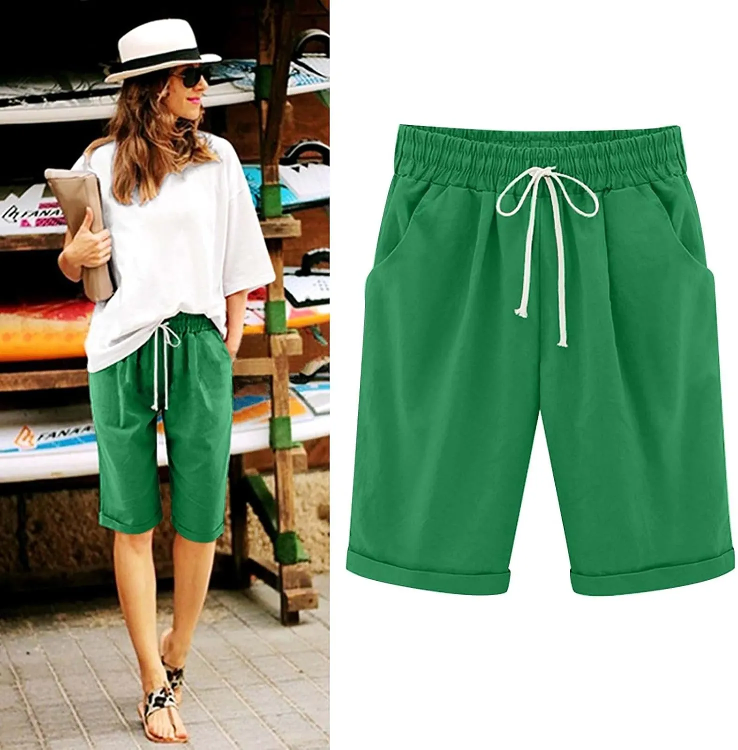 Bermuda Shorts for Women Summer Casual Linen Pants Knee Length Bermuda Short Elastic Waist Drawstring Pocket Capris