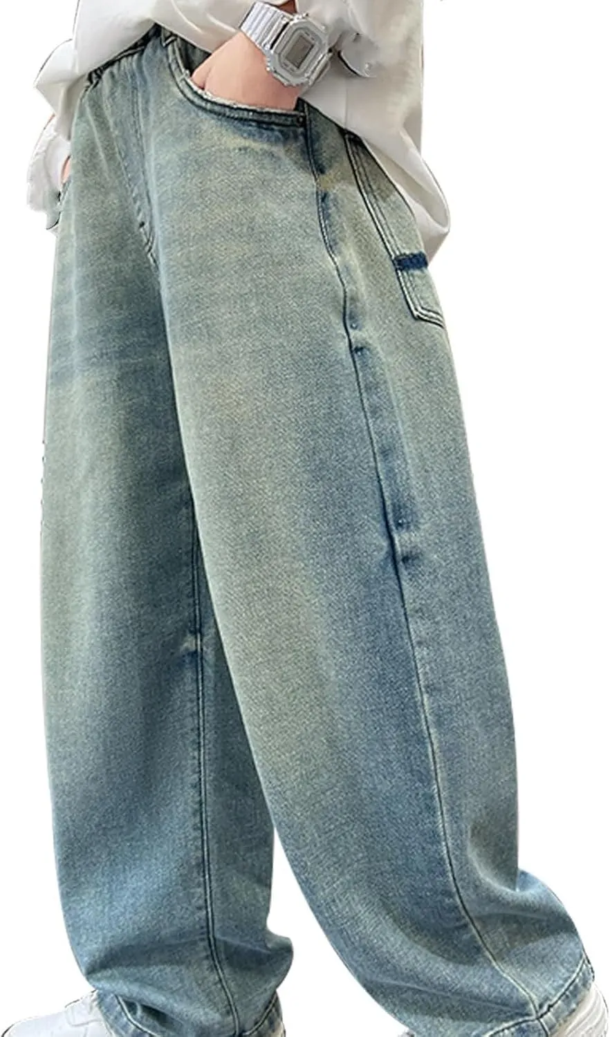 Boys Baggy Jeans for Kids Teen Casual Straight Wide Leg Cargo Jeans Y2K Loose Elastic Waist Denim Pants Trousers with Pockets