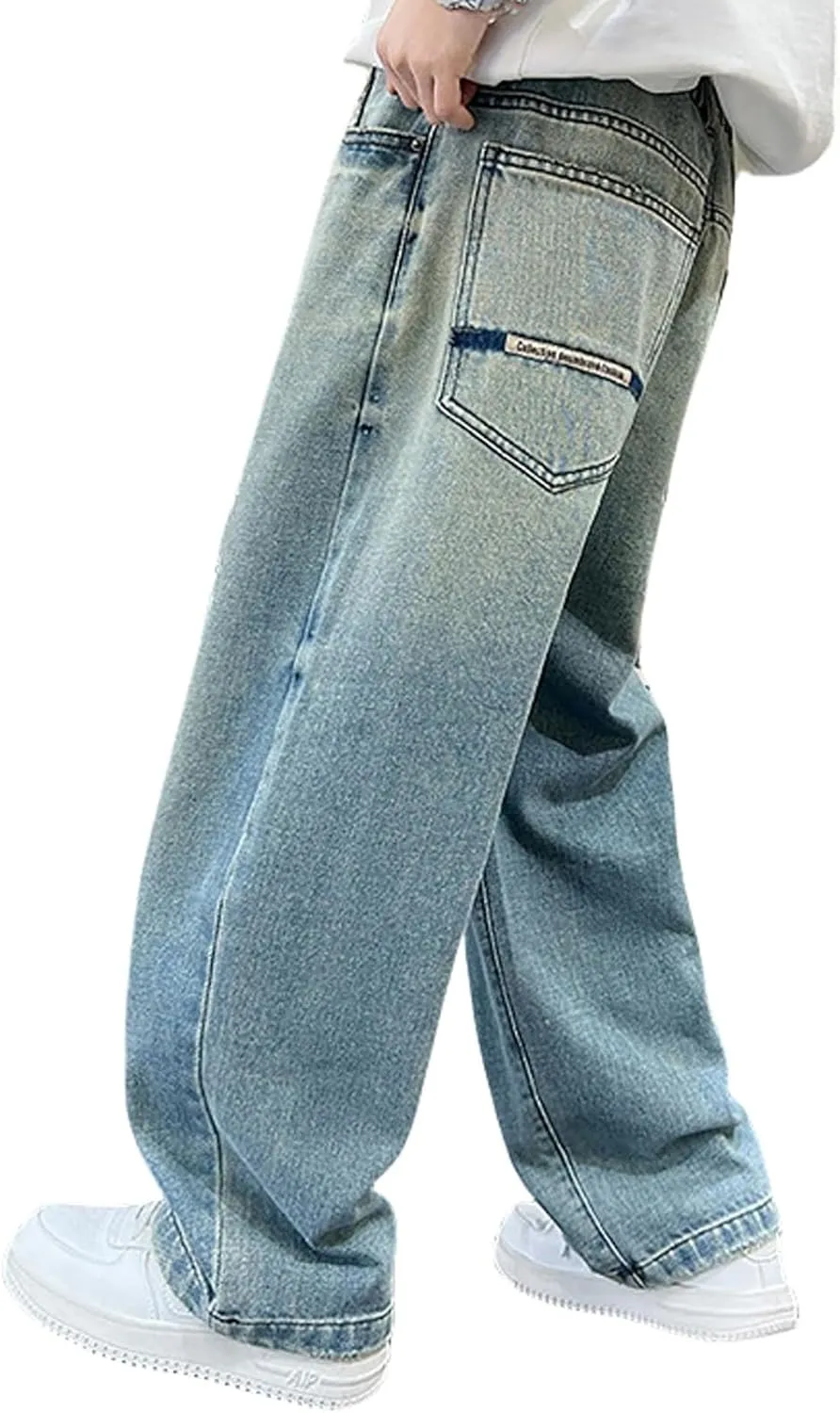 Boys Baggy Jeans for Kids Teen Casual Straight Wide Leg Cargo Jeans Y2K Loose Elastic Waist Denim Pants Trousers with Pockets