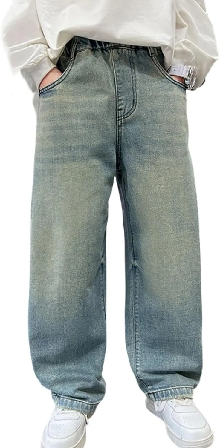 Boys Baggy Jeans for Kids Teen Casual Straight Wide Leg Cargo Jeans Y2K Loose Elastic Waist Denim Pants Trousers with Pockets