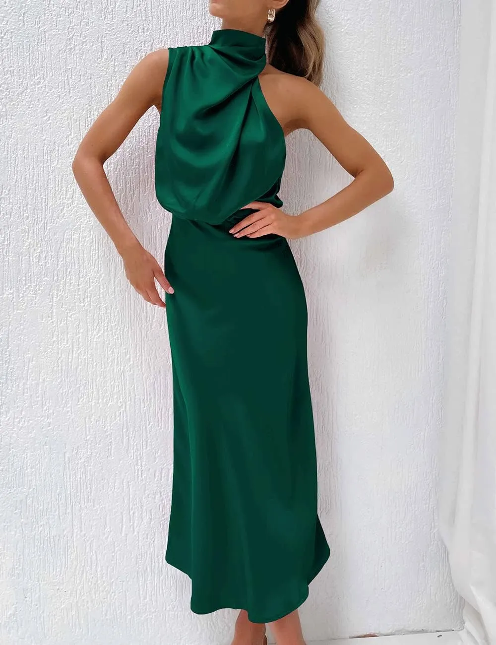 BZSFW Women's 2024 Summer Satin Dress Elegant Sleeveless Mock Neck Cocktail Party Maxi Dresses