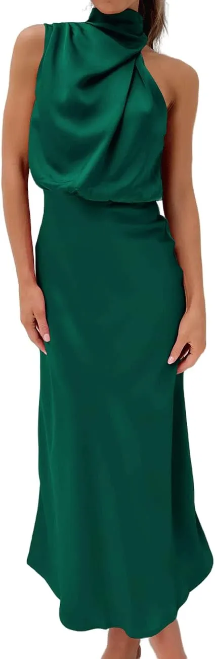 BZSFW Women's 2024 Summer Satin Dress Elegant Sleeveless Mock Neck Cocktail Party Maxi Dresses