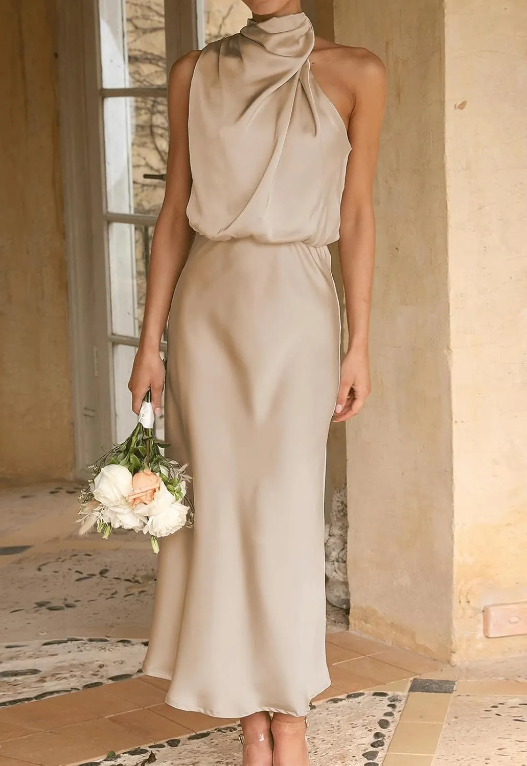 BZSFW Women's 2024 Summer Satin Dress Elegant Sleeveless Mock Neck Cocktail Party Maxi Dresses