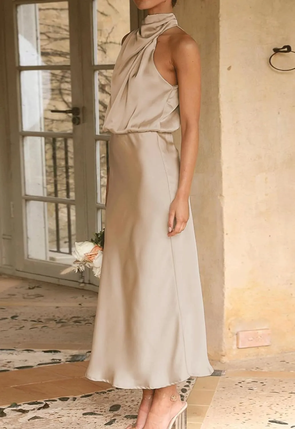 BZSFW Women's 2024 Summer Satin Dress Elegant Sleeveless Mock Neck Cocktail Party Maxi Dresses