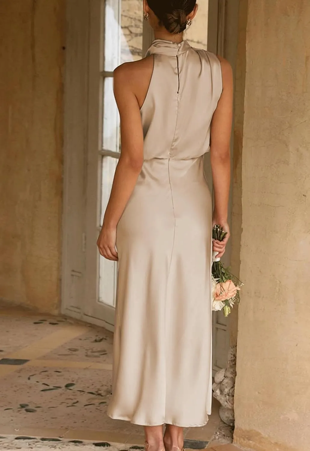 BZSFW Women's 2024 Summer Satin Dress Elegant Sleeveless Mock Neck Cocktail Party Maxi Dresses