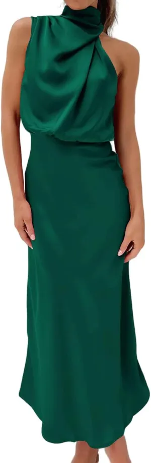 BZSFW Women's 2024 Summer Satin Dress Elegant Sleeveless Mock Neck Cocktail Party Maxi Dresses