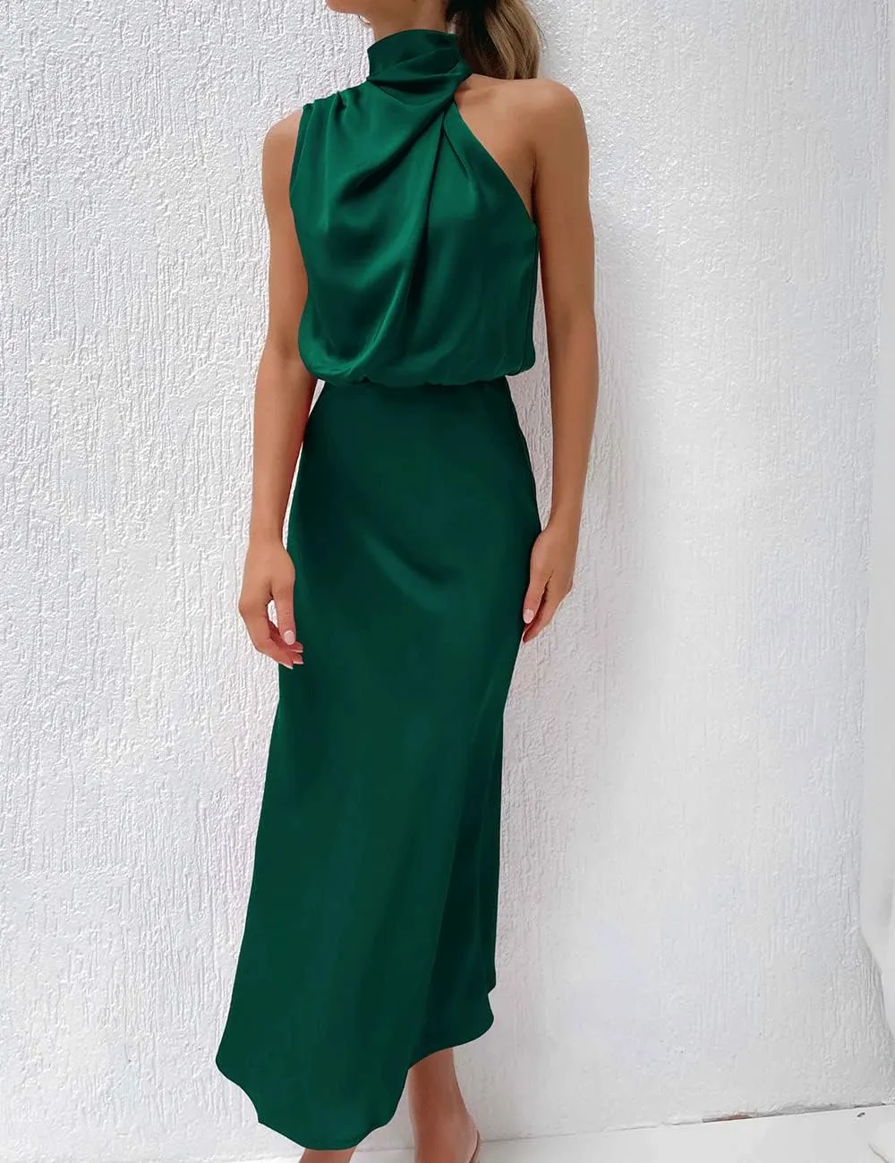BZSFW Women's 2024 Summer Satin Dress Elegant Sleeveless Mock Neck Cocktail Party Maxi Dresses