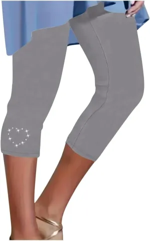 Capri Leggings for Women Rhinestone High Waist Capris Pants Tummy Control Knee Length Slim Fit Yoga Cropped Trouser