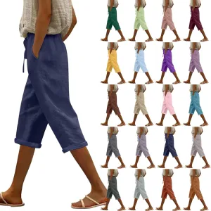 Capri Pants for Women Casual Summer Cotton Linen Capris 2025 Straight Leg Drawstring Elastic Waist Cropped Trouser