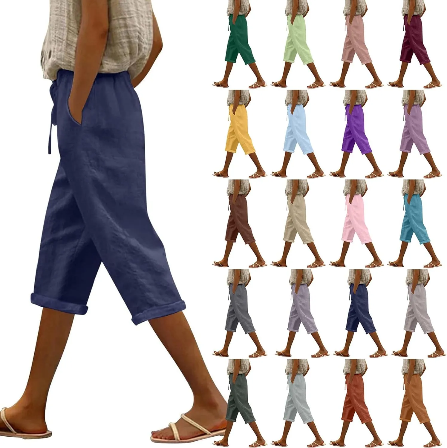 Capri Pants for Women Casual Summer Cotton Linen Capris 2025 Straight Leg Drawstring Elastic Waist Cropped Trouser
