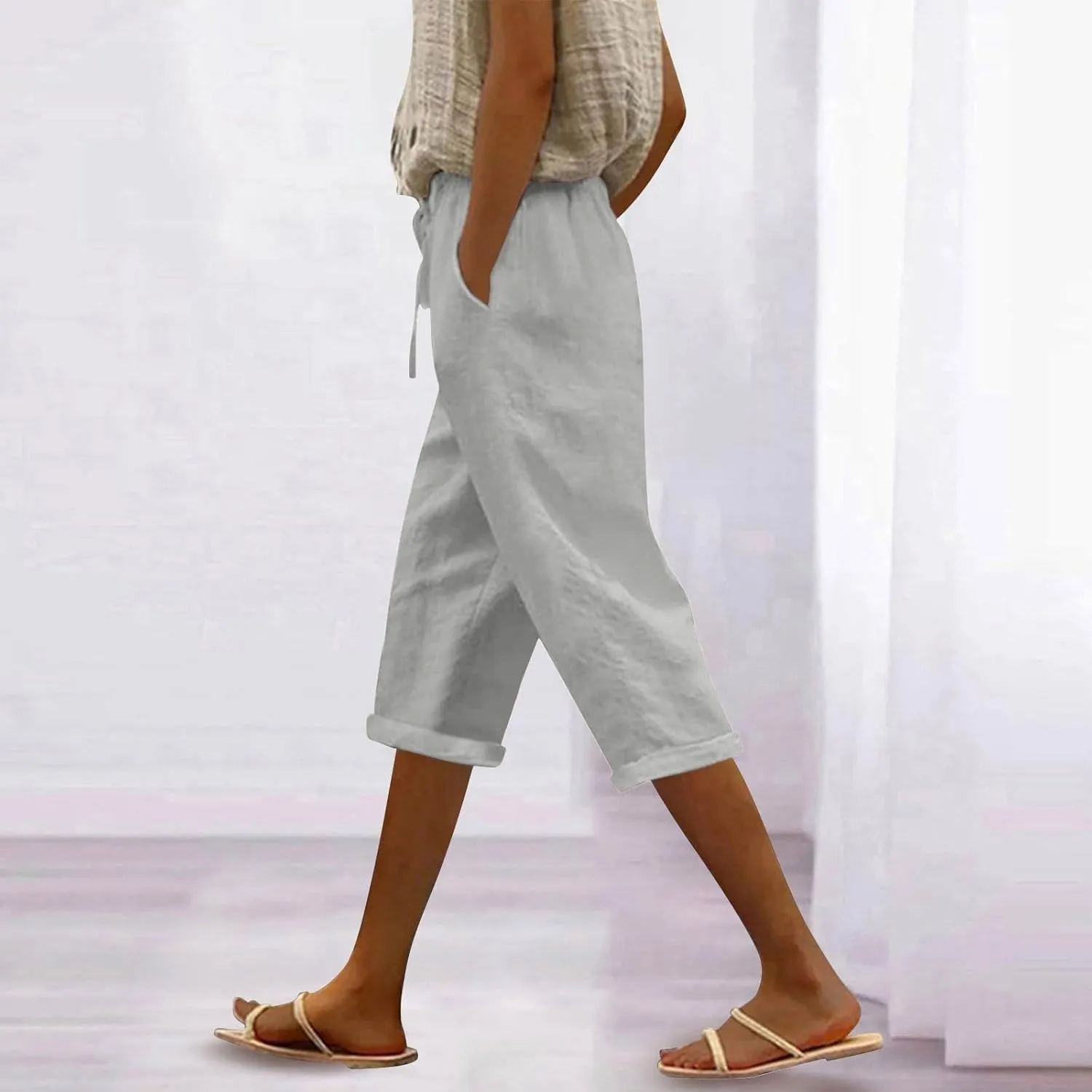 Capri Pants for Women Casual Summer Cotton Linen Capris 2025 Straight Leg Drawstring Elastic Waist Cropped Trouser