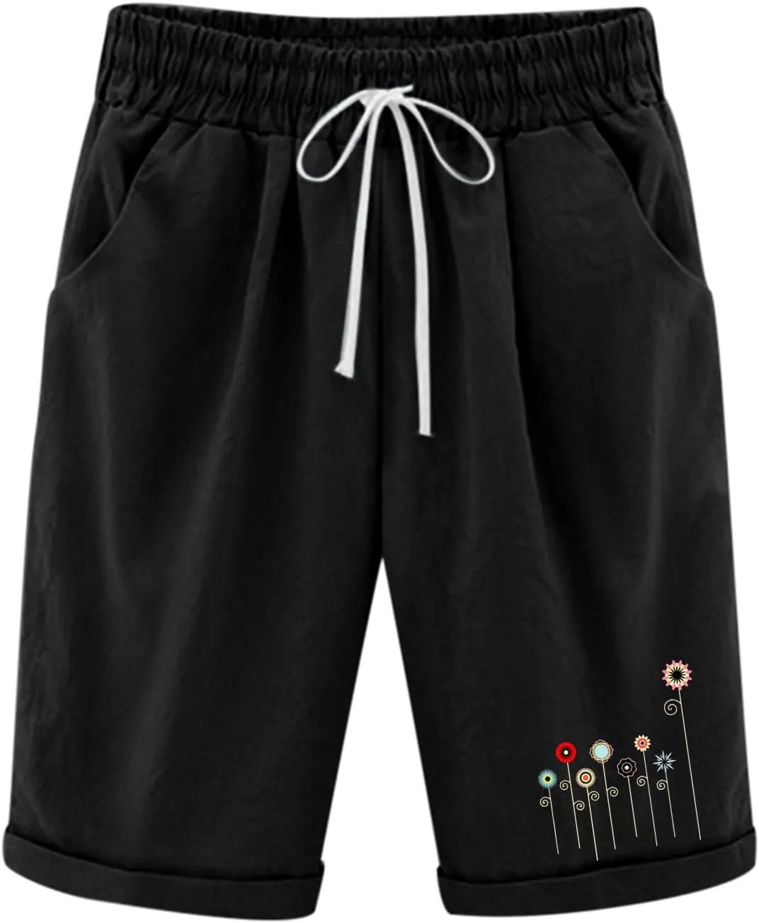 Capri Pants for Women Striped Linen Capris Comfort Plus Size Pants Elastic High Waisted Drawstring Rolled Hem Shorts