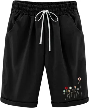 Capri Pants for Women Striped Linen Capris Comfort Plus Size Pants Elastic High Waisted Drawstring Rolled Hem Shorts