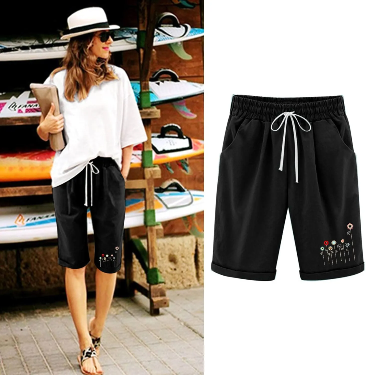 Capri Pants for Women Striped Linen Capris Comfort Plus Size Pants Elastic High Waisted Drawstring Rolled Hem Shorts