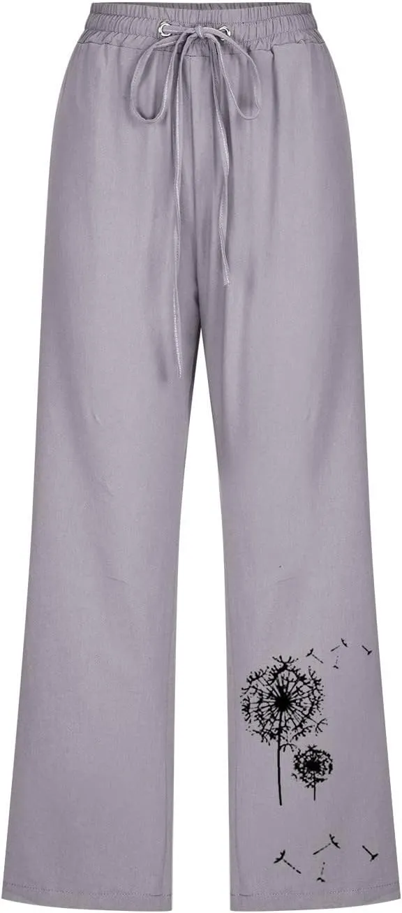 Capri Pants Women Stretch Plus Size Summer Casual Comfy Wide Leg Drawstring Elastic High Waist Linen Straight Trouser
