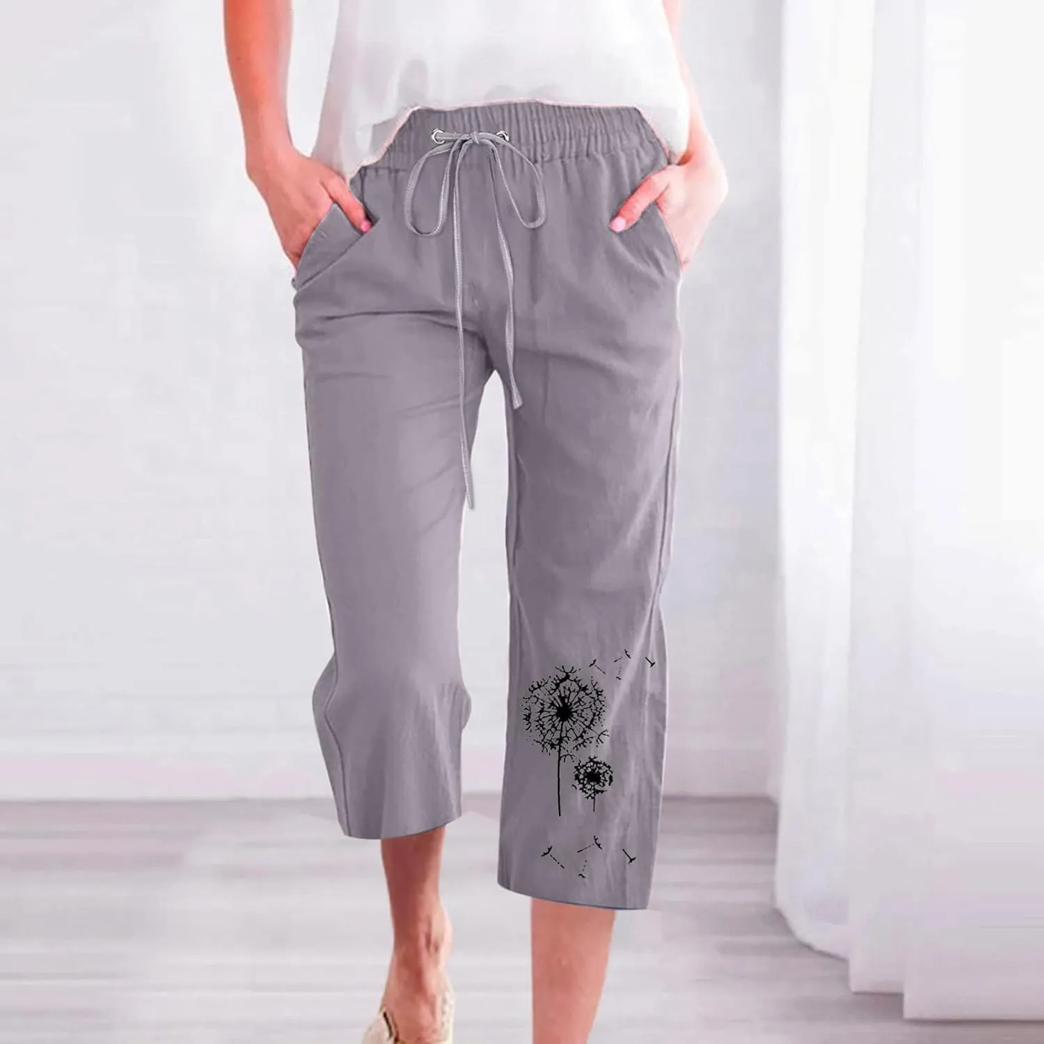 Capri Pants Women Stretch Plus Size Summer Casual Comfy Wide Leg Drawstring Elastic High Waist Linen Straight Trouser