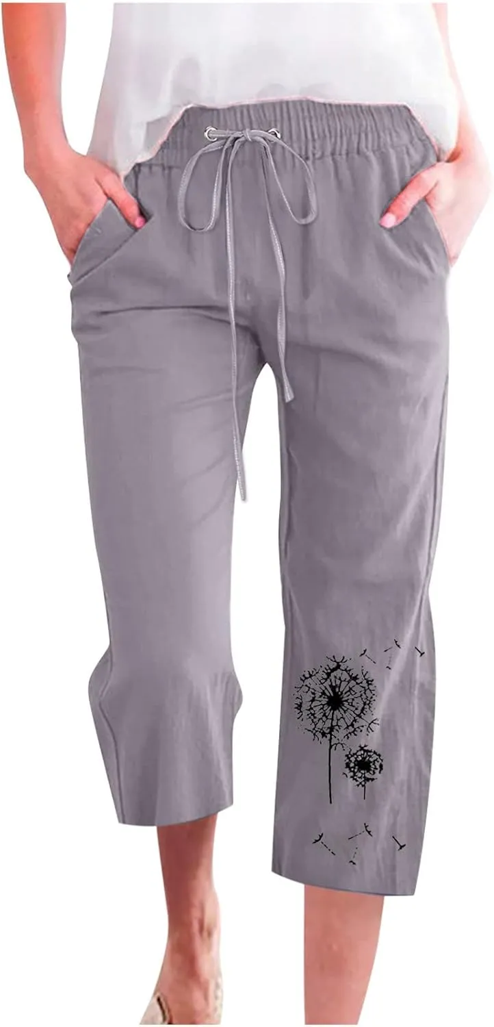 Capri Pants Women Stretch Plus Size Summer Casual Comfy Wide Leg Drawstring Elastic High Waist Linen Straight Trouser