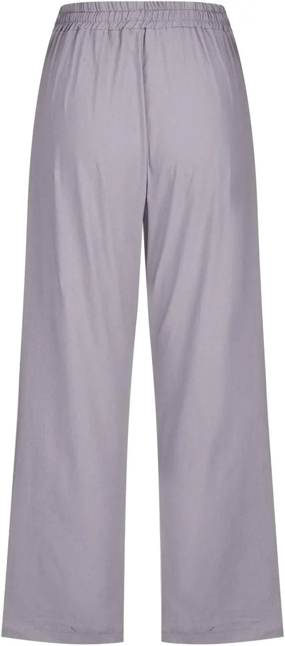 Capri Pants Women Stretch Plus Size Summer Casual Comfy Wide Leg Drawstring Elastic High Waist Linen Straight Trouser