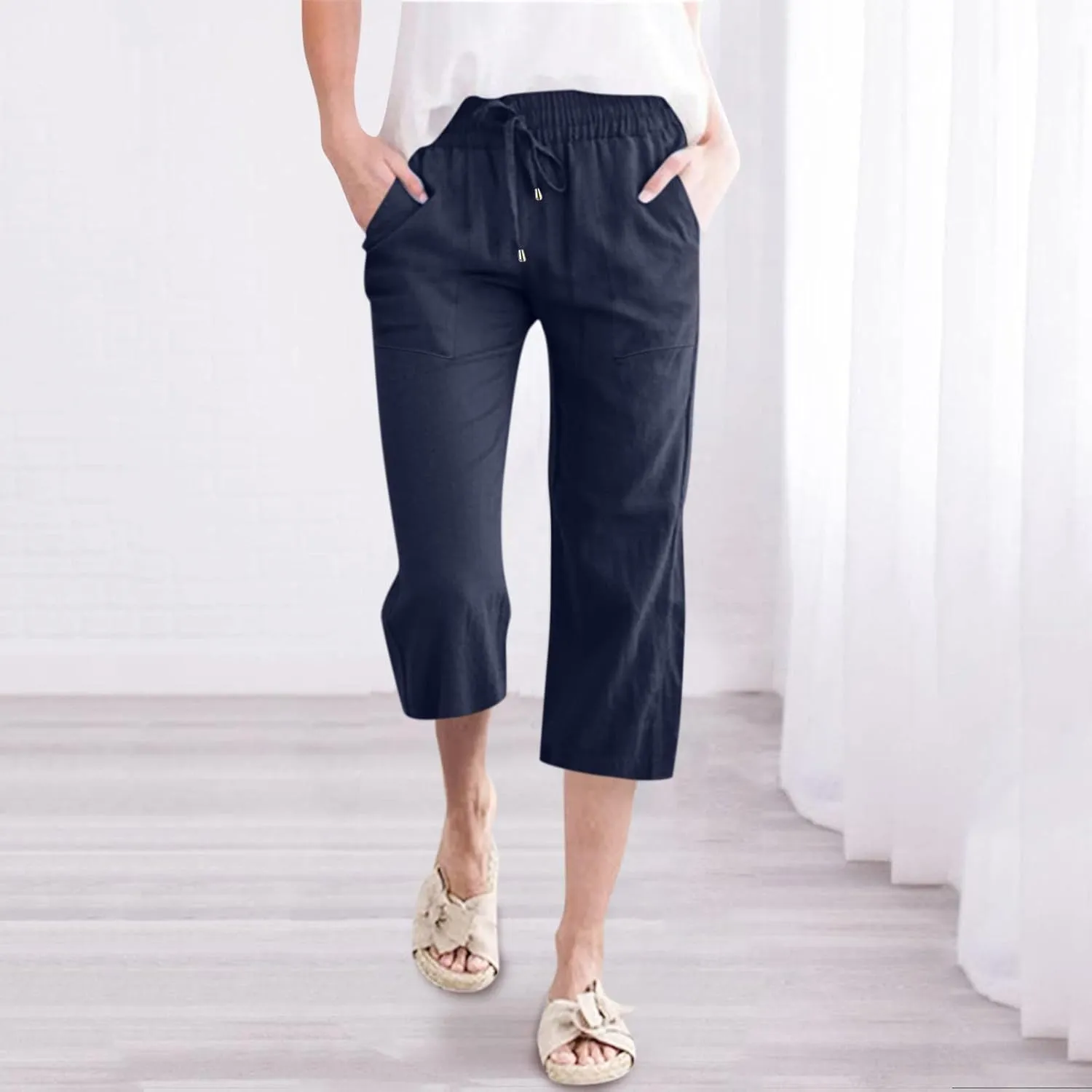 Capris For Women Petite Length Wide Leg Cotton Linen Summer Beach Vacation Cropped Trouser Loose Fit 2024 Sweatpant