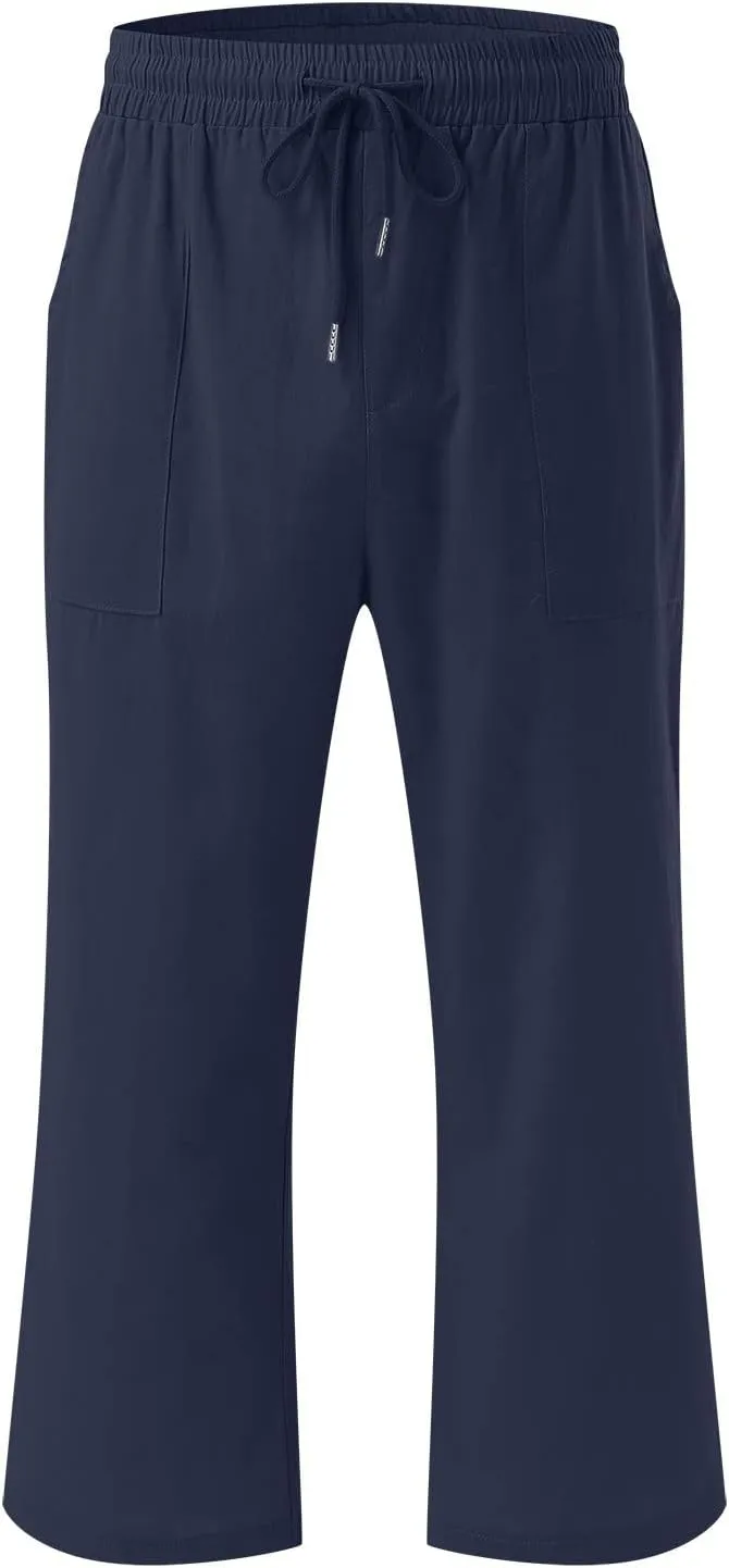 Capris For Women Petite Length Wide Leg Cotton Linen Summer Beach Vacation Cropped Trouser Loose Fit 2024 Sweatpant