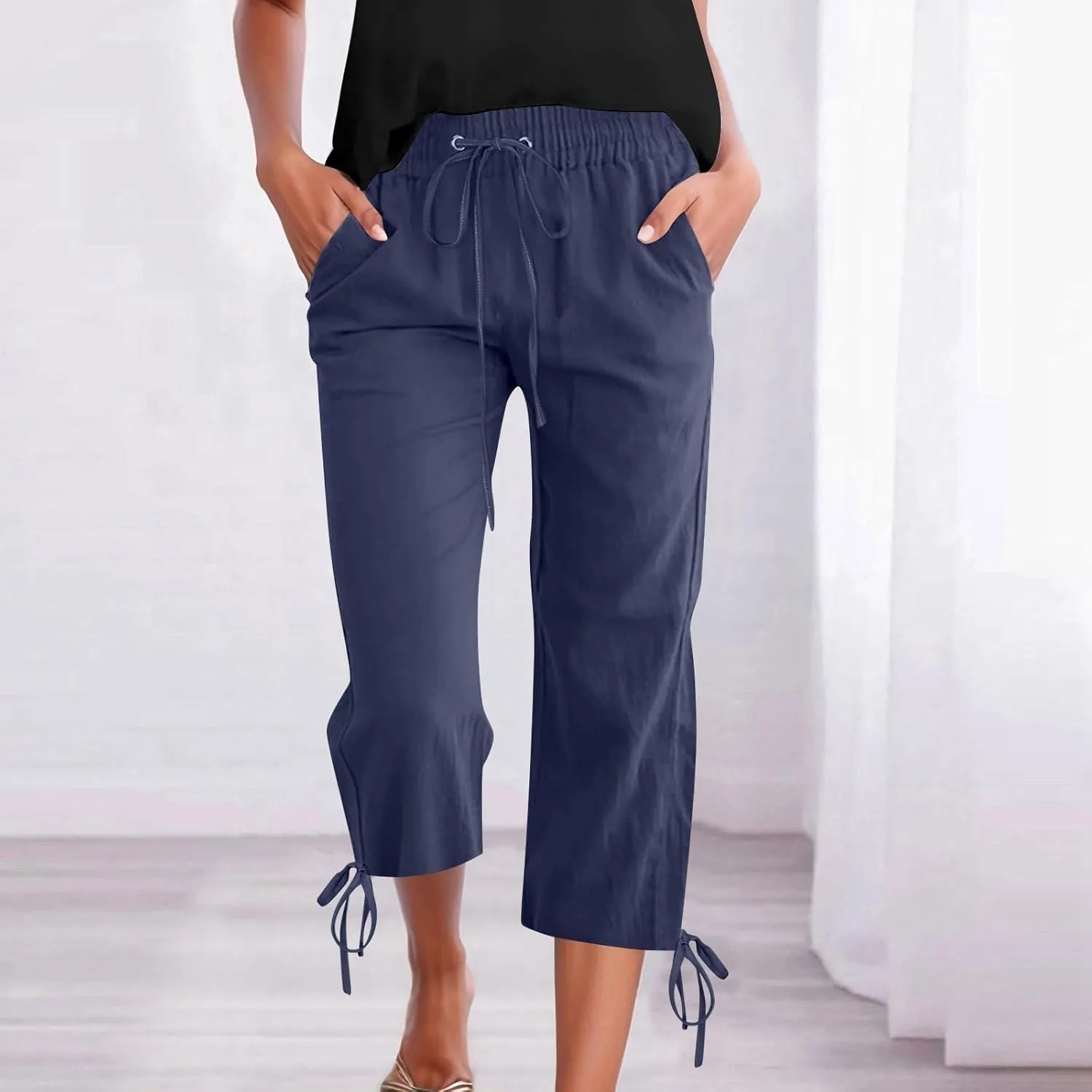 Capris Pants for Women Casual Summer 2025 Linen Straight Leg Cropped Trouser Drawstring Elastic Waist Beach Pants