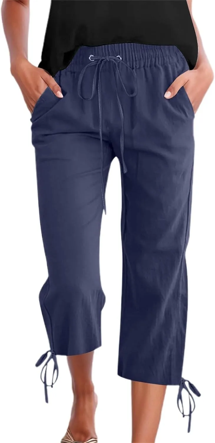 Capris Pants for Women Casual Summer 2025 Linen Straight Leg Cropped Trouser Drawstring Elastic Waist Beach Pants