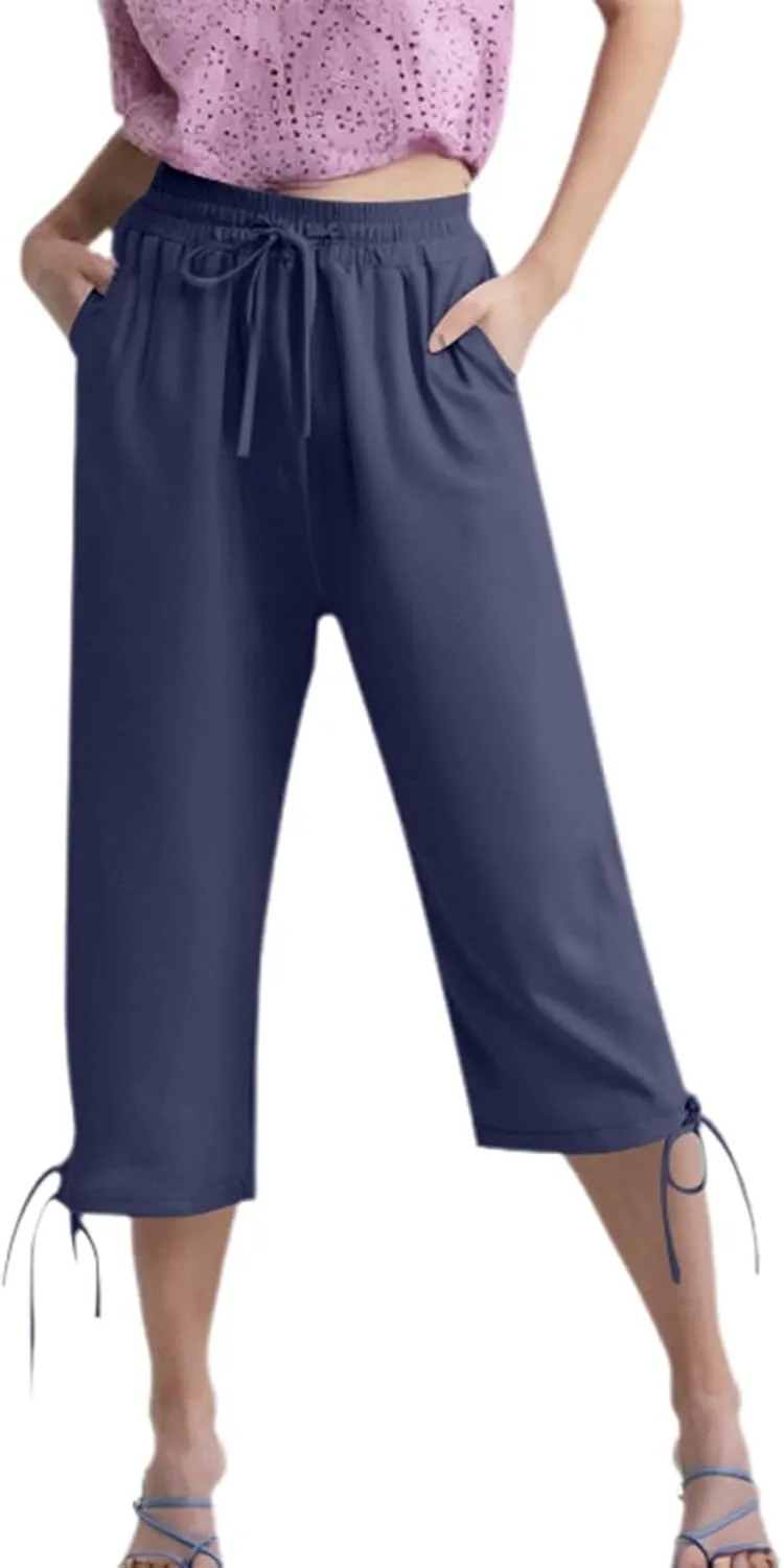 Capris Pants for Women Casual Summer 2025 Linen Straight Leg Cropped Trouser Drawstring Elastic Waist Beach Pants