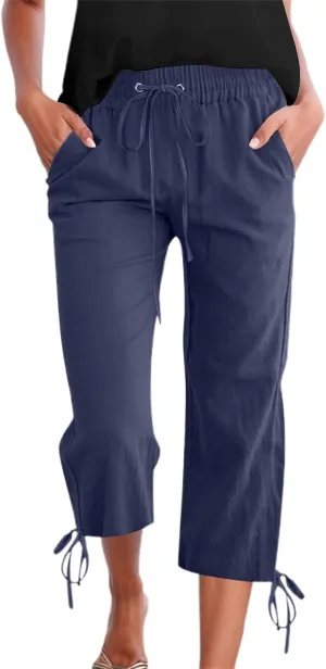 Capris Pants for Women Casual Summer 2025 Linen Straight Leg Cropped Trouser Drawstring Elastic Waist Beach Pants