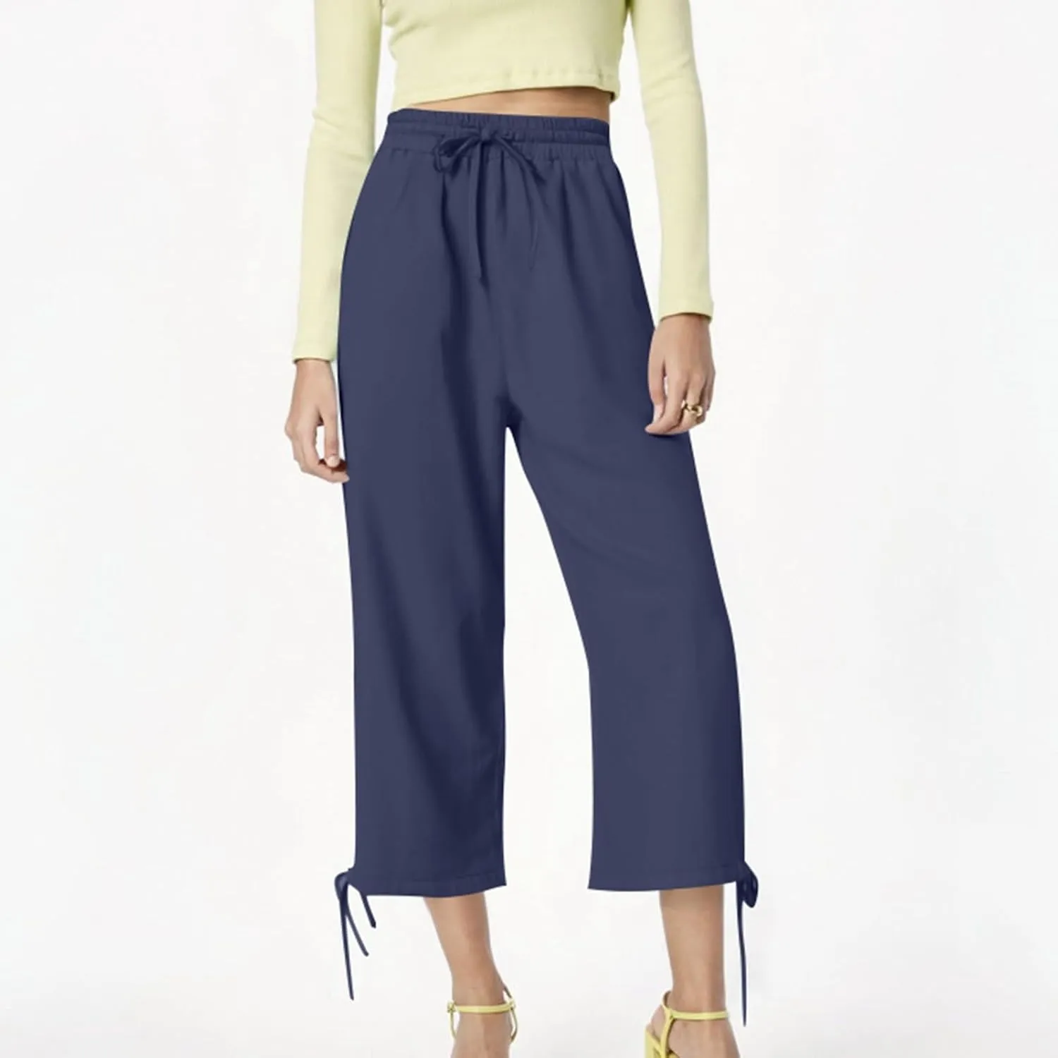 Capris Pants for Women Casual Summer 2025 Linen Straight Leg Cropped Trouser Drawstring Elastic Waist Beach Pants