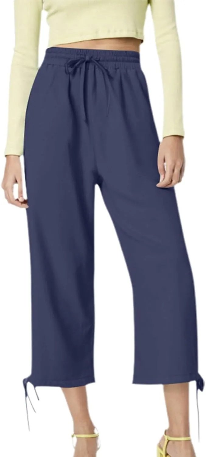 Capris Pants for Women Casual Summer 2025 Linen Straight Leg Cropped Trouser Drawstring Elastic Waist Beach Pants