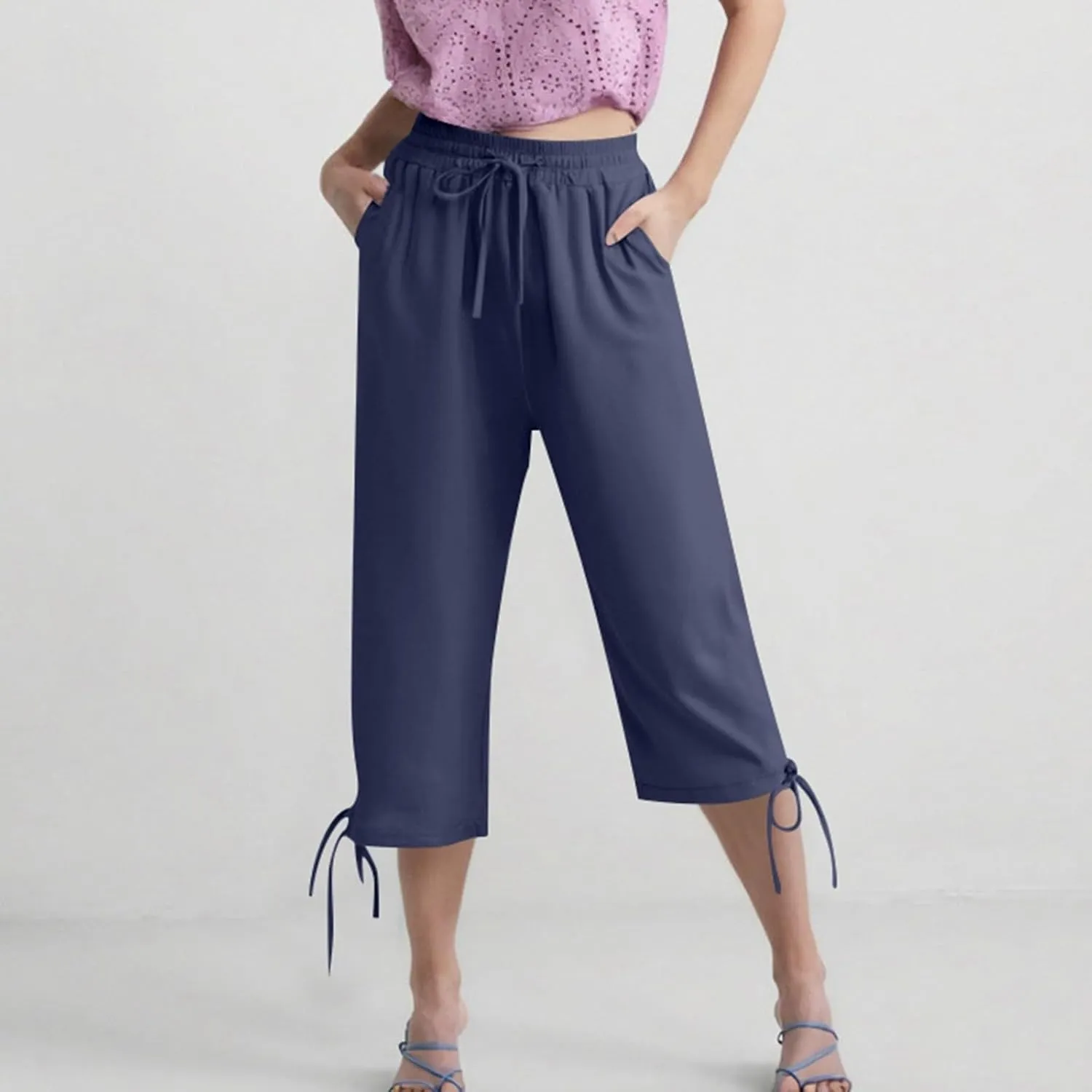 Capris Pants for Women Casual Summer 2025 Linen Straight Leg Cropped Trouser Drawstring Elastic Waist Beach Pants