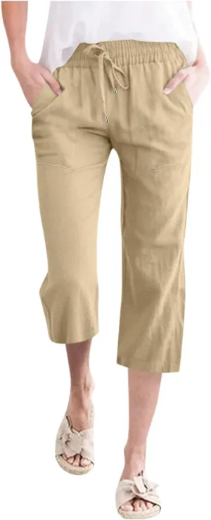 Capris Pants for Women Cotton Linen Casual Summer 2025 Straight Leg Loose Drawstring Elastic Waist Cropped Trouser