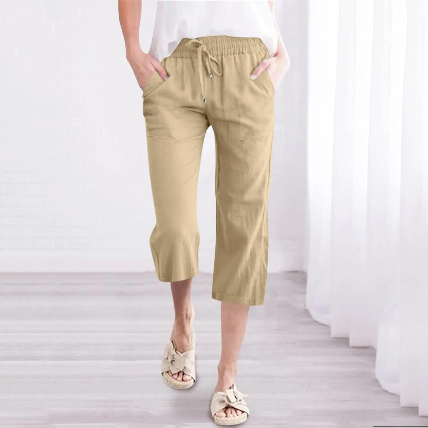 Capris Pants for Women Cotton Linen Casual Summer 2025 Straight Leg Loose Drawstring Elastic Waist Cropped Trouser