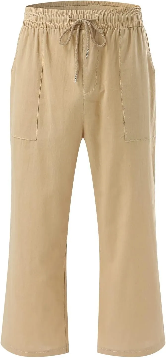 Capris Pants for Women Cotton Linen Casual Summer Straight Wide Leg Loose Drawstring Elastic Waist Cropped Trouser