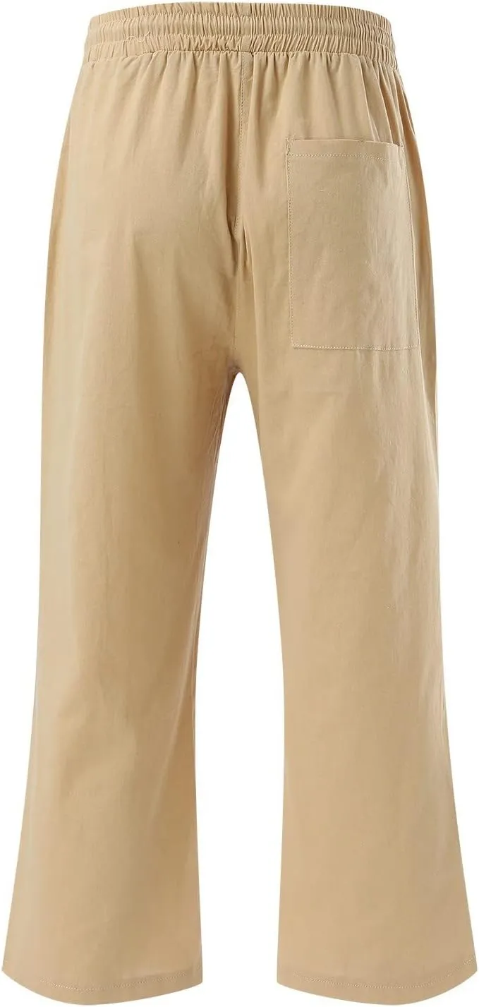 Capris Pants for Women Cotton Linen Casual Summer Straight Wide Leg Loose Drawstring Elastic Waist Cropped Trouser