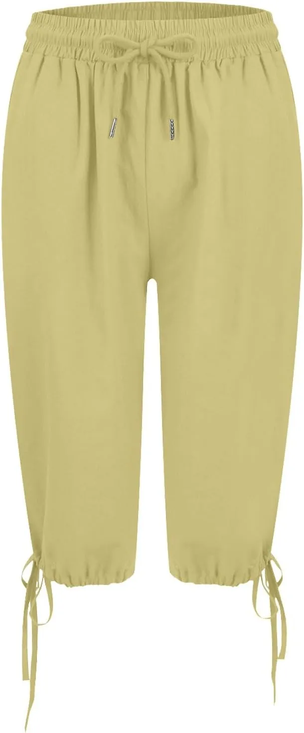 Capris Pants for Women Cotton Linen Summer 2025 Straight Wide Leg Loose Drawstring Elastic Waist Cropped Trouser