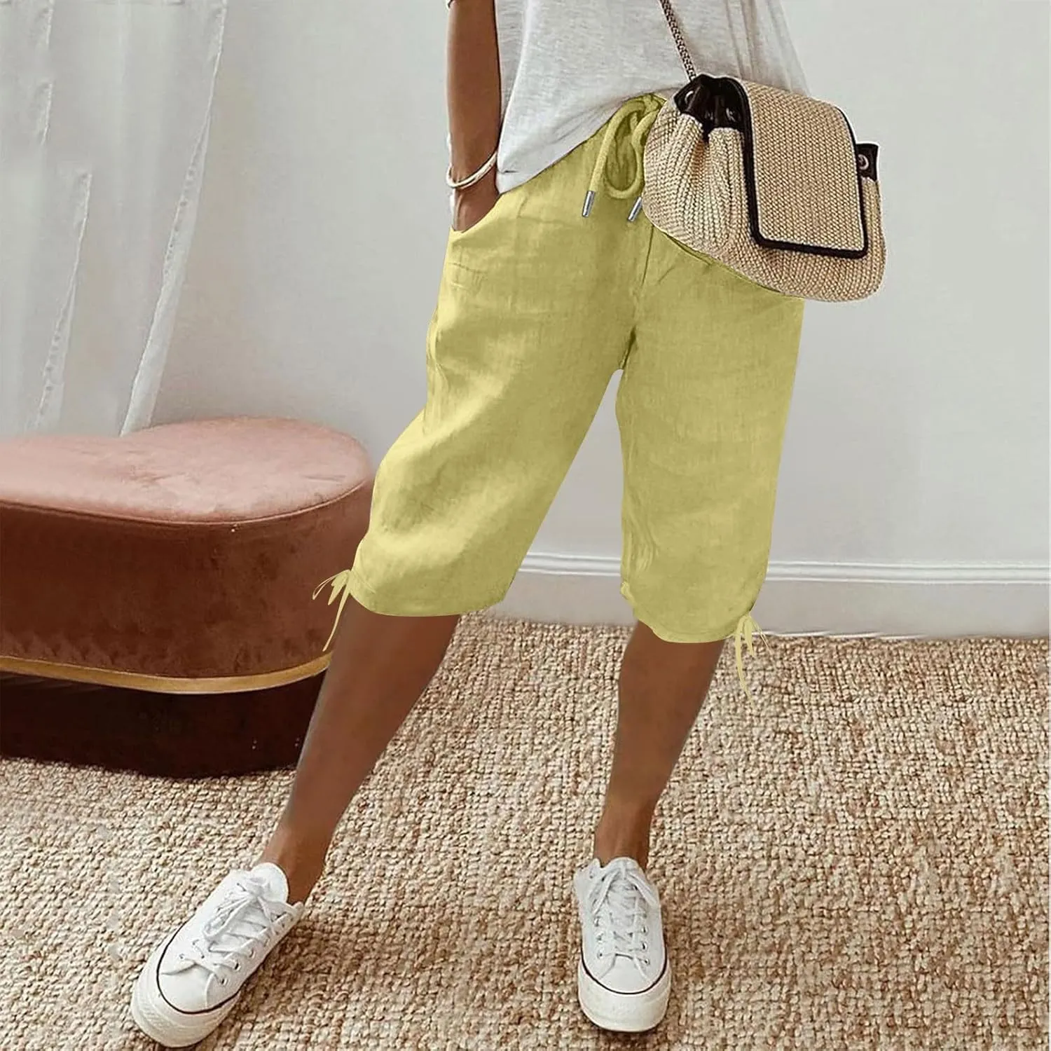 Capris Pants for Women Cotton Linen Summer 2025 Straight Wide Leg Loose Drawstring Elastic Waist Cropped Trouser