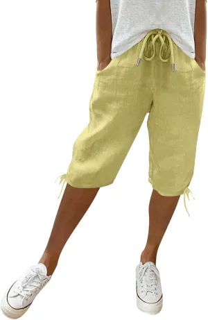 Capris Pants for Women Cotton Linen Summer 2025 Straight Wide Leg Loose Drawstring Elastic Waist Cropped Trouser
